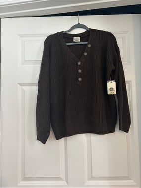 St. John's Bay Brown V-Neck Ribbed Sweater with Button Placket